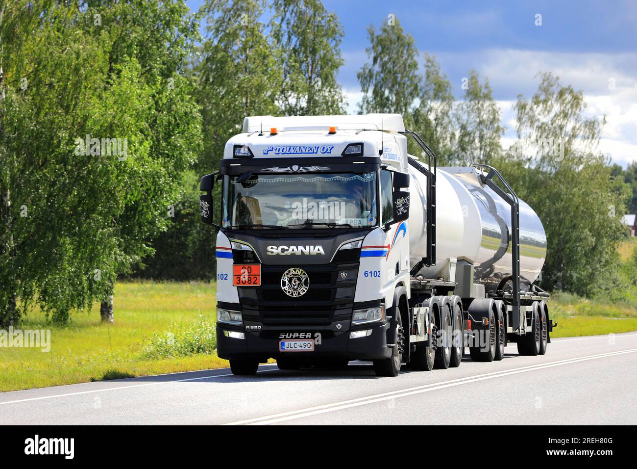 Super Scania R520 tank truck of MM Tolvanen in ADR haul. ADR code 90-3082 signifies enviromentally hazardous liquid. Salo, Finland. July 20, 2023. Stock Photo