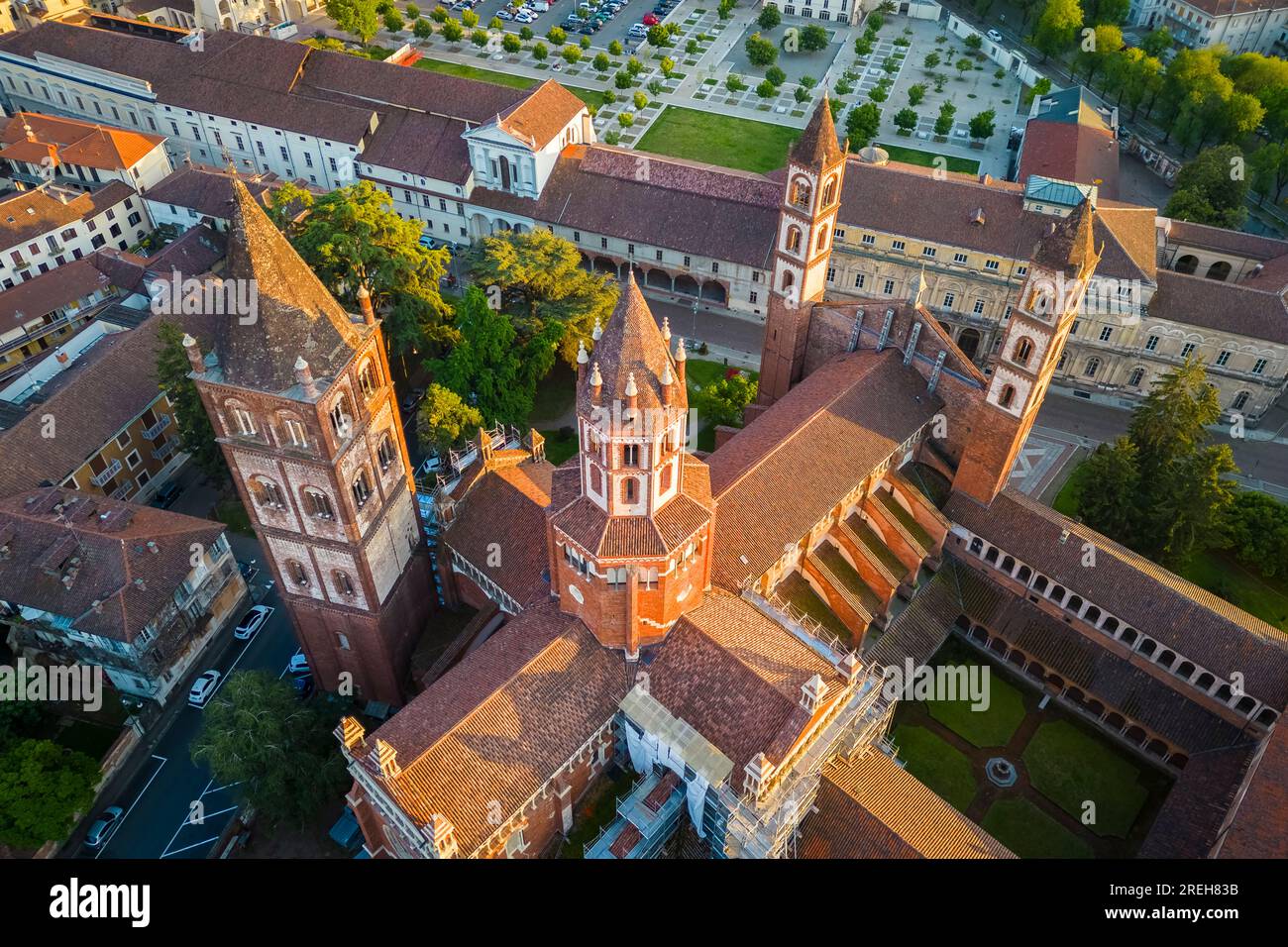 Aerial view of the Sant'Andrea Basilica of Vercelli at sunset in spring. Vercelli, Vercelli district, Piedmont, Italy. Stock Photo