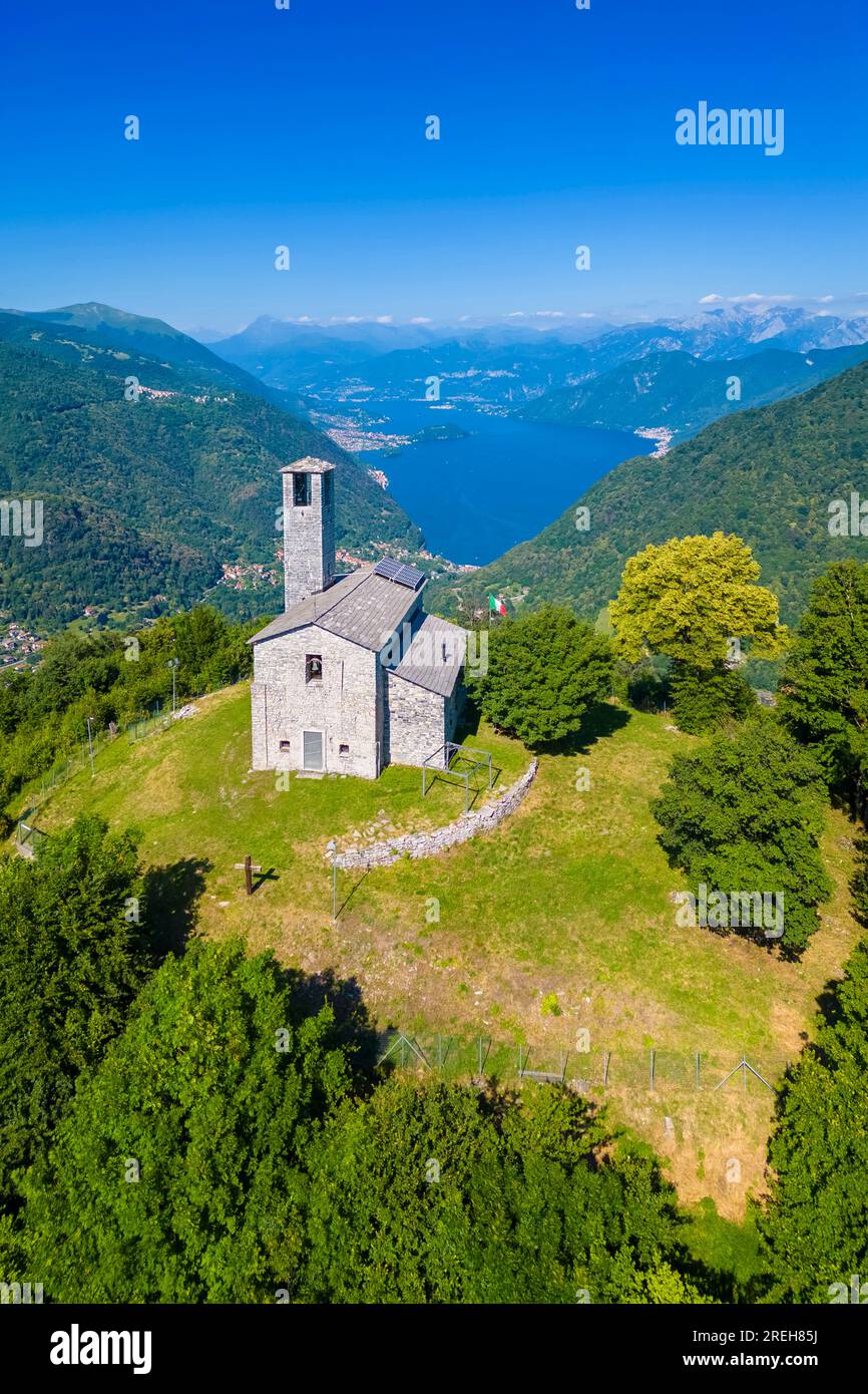 Lake Como viewed from San Zeno hermitage on the top of Intelvi Valley in summer. Cerano d'Intelvi, Como distric, Lake Como, Lombardy, Italy. Stock Photo