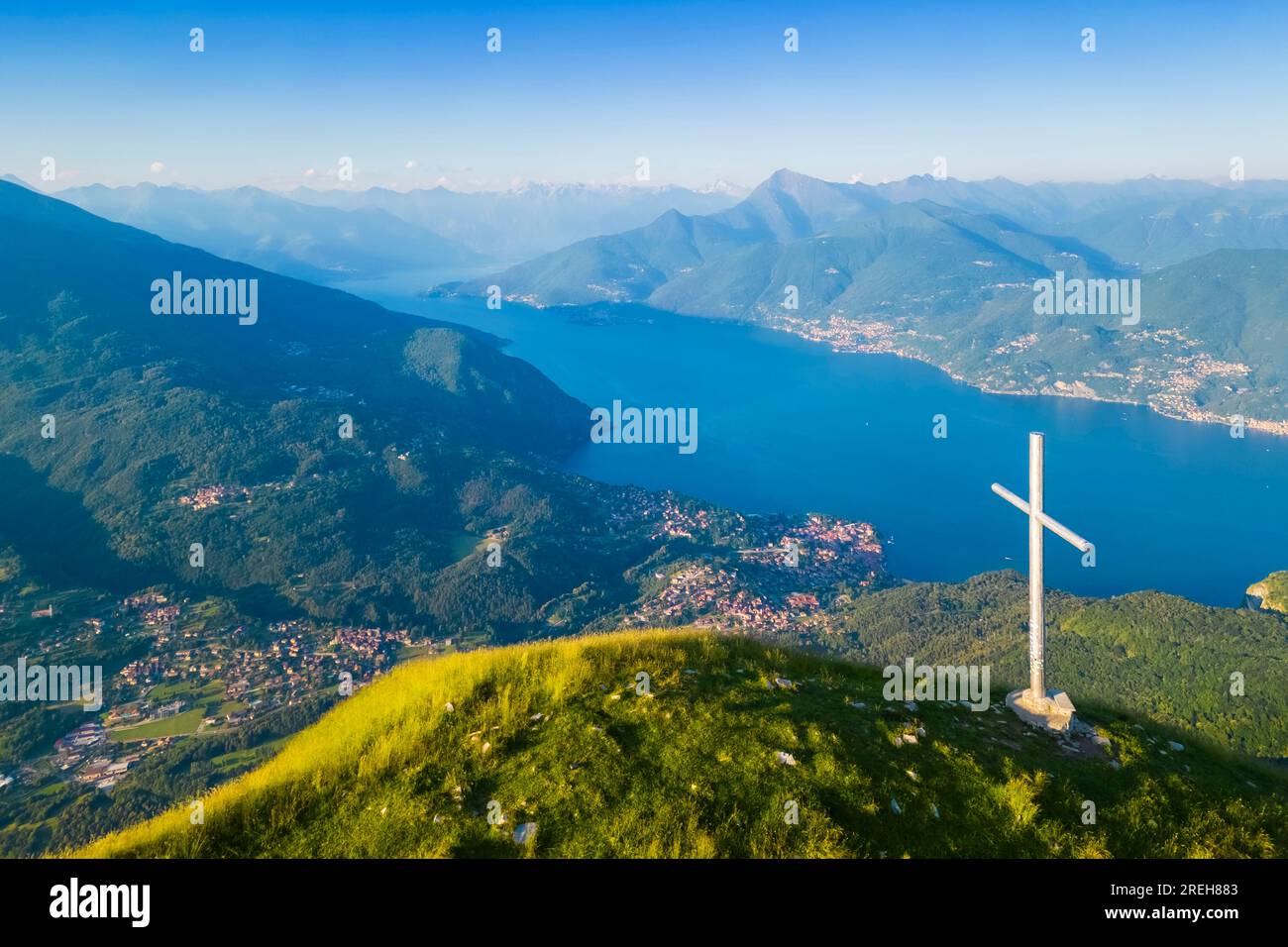 Aerial view towards upper Lake Como and Valtellina from the top of mount Crocione. Tremezzina, Como Lake, Lombardy, Italy. Stock Photo