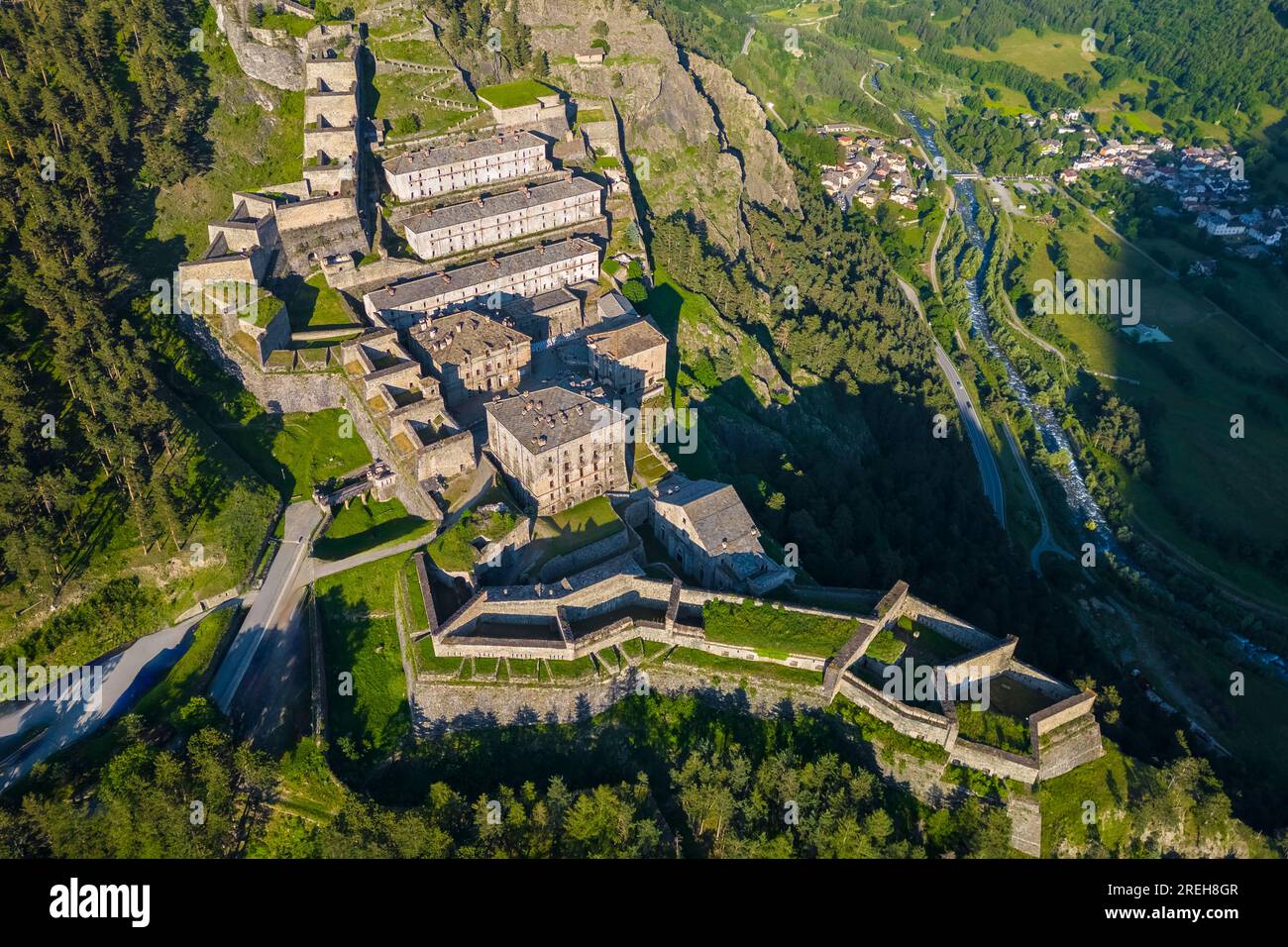 Aerial view of the Fenestrelle fortress watching over Chisone Valley. Orsiera Rocciavre Park, Chisone Valley, Turin, Piedmont, Italy. Stock Photo