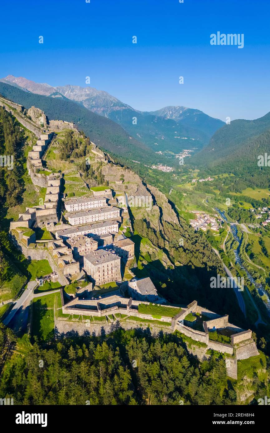 Aerial view of the Fenestrelle fortress watching over Chisone Valley. Orsiera Rocciavre Park, Chisone Valley, Turin, Piedmont, Italy. Stock Photo