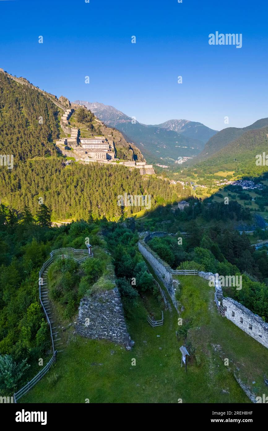 Aerial view of the Fenestrelle fortress from Fort Mutin ruins. Orsiera Rocciavre Park, Chisone Valley, Turin, Piedmont, Italy. Stock Photo