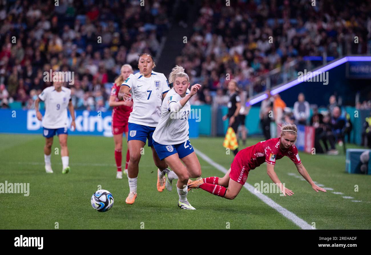 Sydney, Australia. 28th July, 2023. Alessia Russo (2nd R) of England vies the ball during the group D match between England and Denmark at the 2023 FIFA Women's World Cup in Sydney, Australia, July 28, 2023. Credit: Hu Jingchen/Xinhua/Alamy Live News Stock Photo