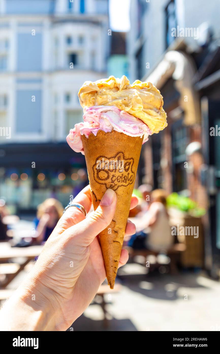 Italian ice cream in a cone from Boho Gelato, Brighton, East Sussex, England Stock Photo