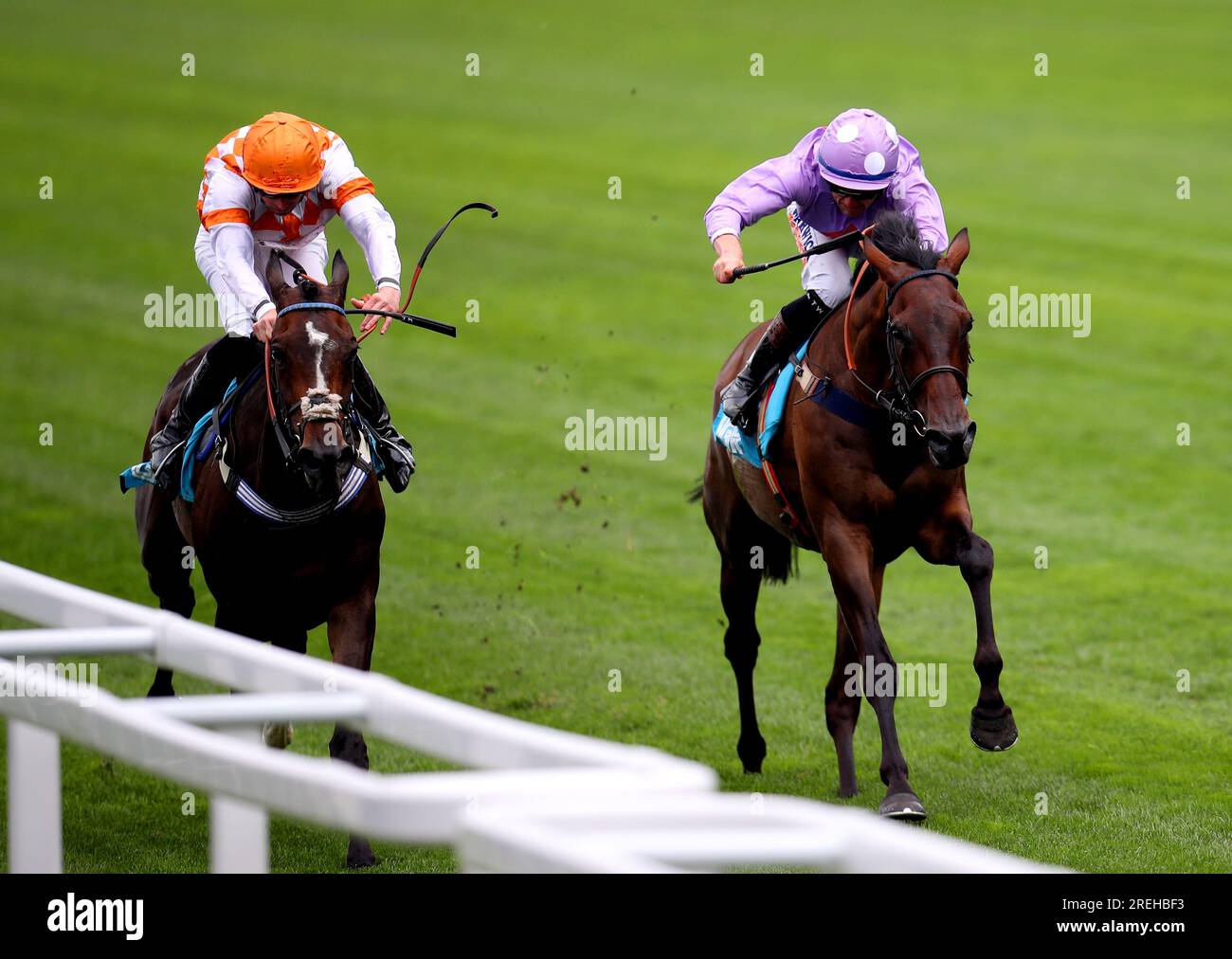 Blazeon Five ridden by jockey Jack Mitchell (left) on their way to winning the John Guest Racing Brown Jack Handicap during the QIPCO King George Weekend at Ascot Racecourse, Berkshire. Picture date: Friday July 28, 2023. Stock Photo