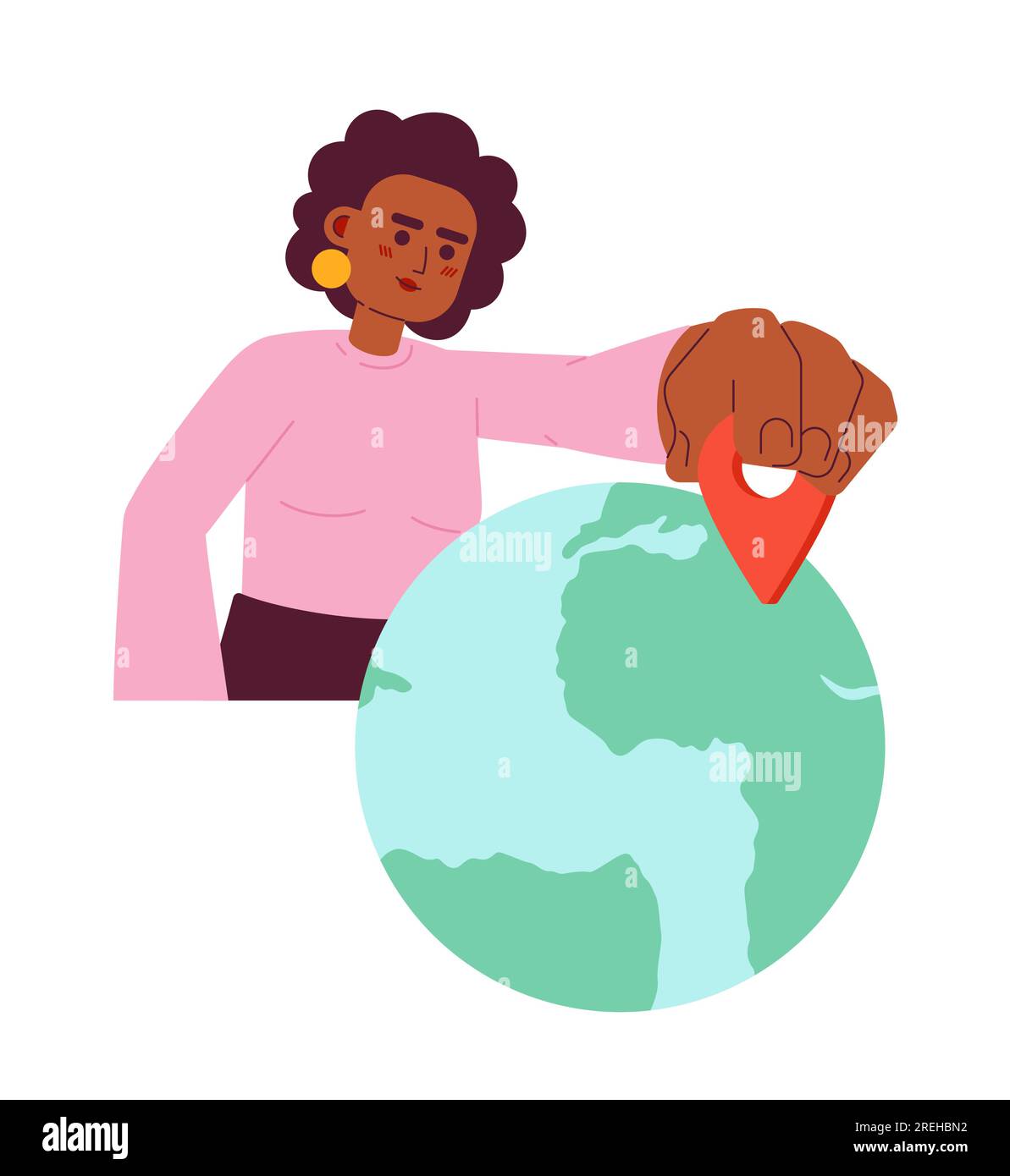 Happy woman put location pin on map flat concept vector spot