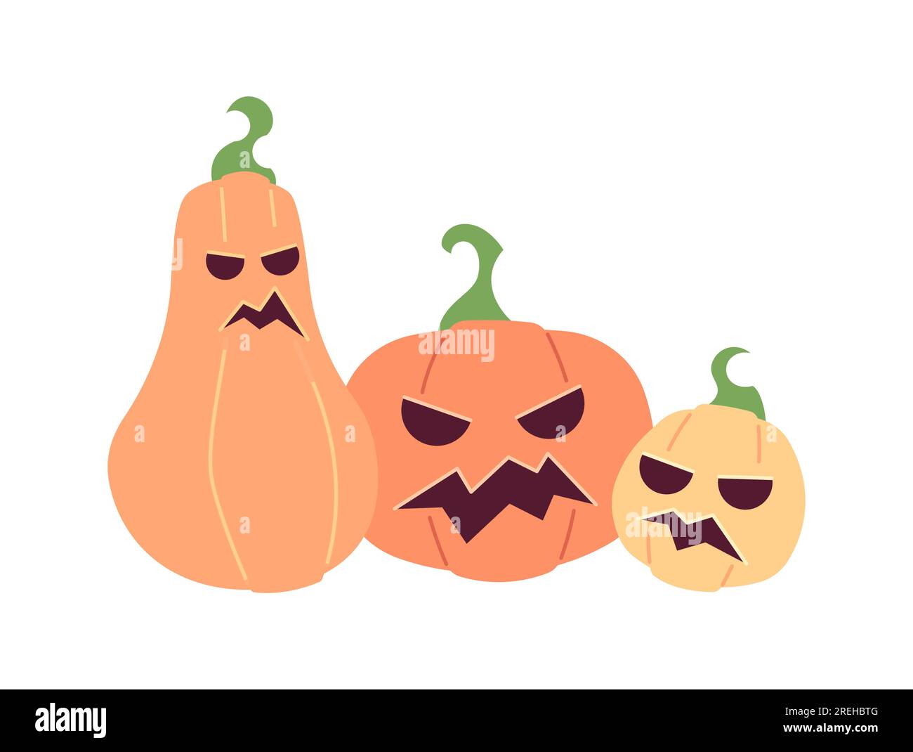 Halloween pumpkins with carved spooky faces semi flat colour vector object Stock Vector