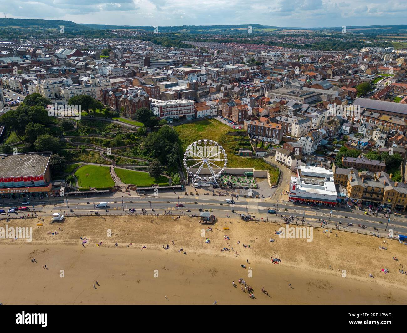 Scarborough 2023 Capture from the Air with a DJI Mini 3 Pro, Including the Big Wheel, Central Tramway , Beach and Castle Stock Photo
