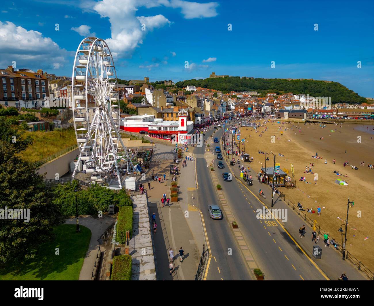 Scarborough 2023 Capture from the Air with a DJI Mini 3 Pro, Including the Big Wheel, Central Tramway , Beach and Castle Stock Photo