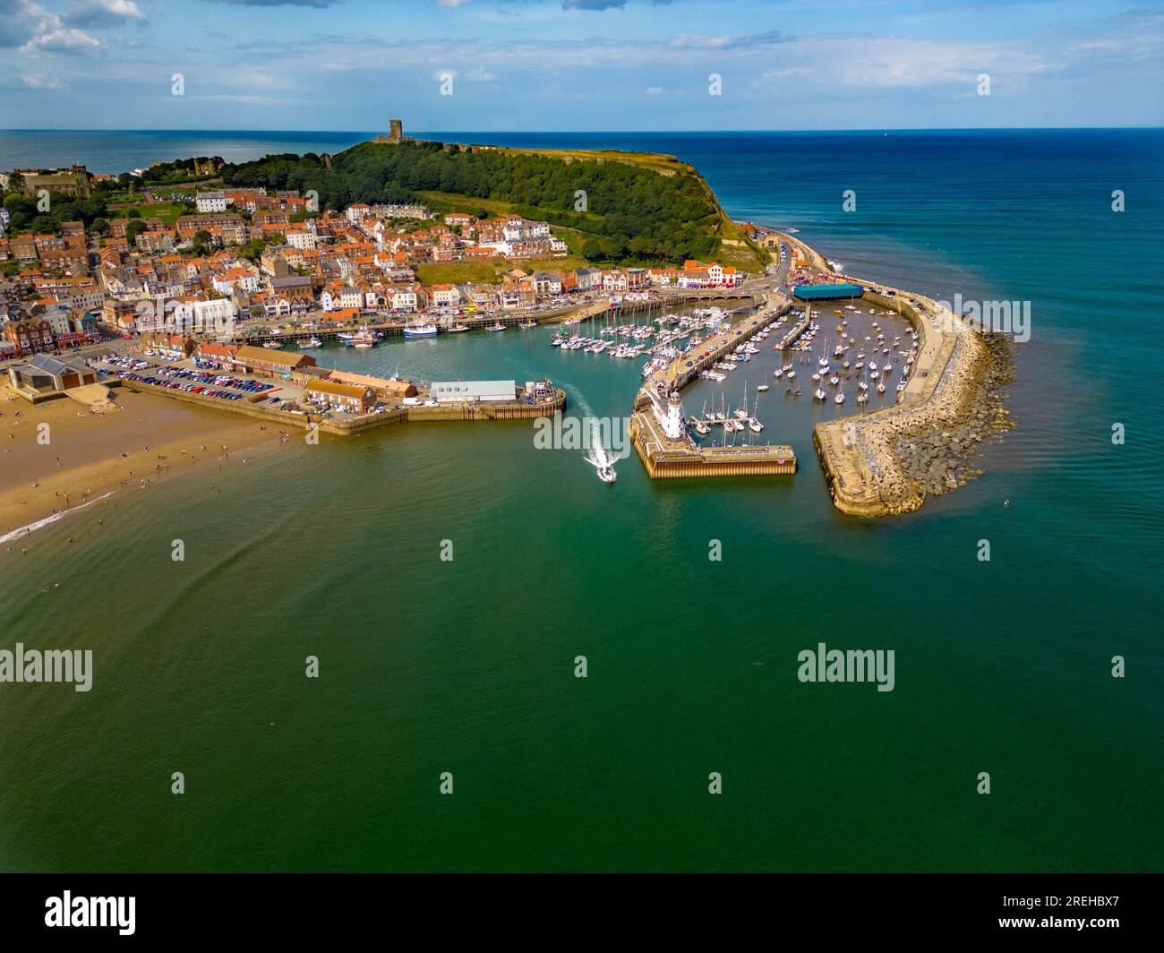 Scarborough 2023 Capture from the Air with a DJI Mini 3 Pro, Including the Big Wheel, Central Tramway , Beach and Castle Stock Photo