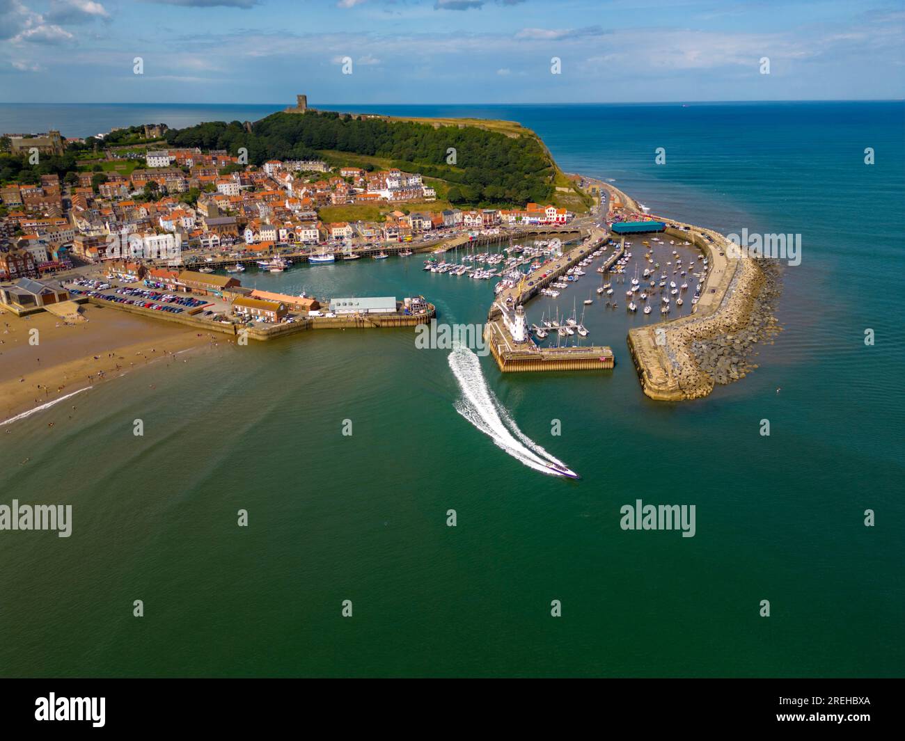 Scarborough 2023 Capture from the Air with a DJI Mini 3 Pro, Including the Big Wheel, Central Tramway , Beach and Castle Stock Photo