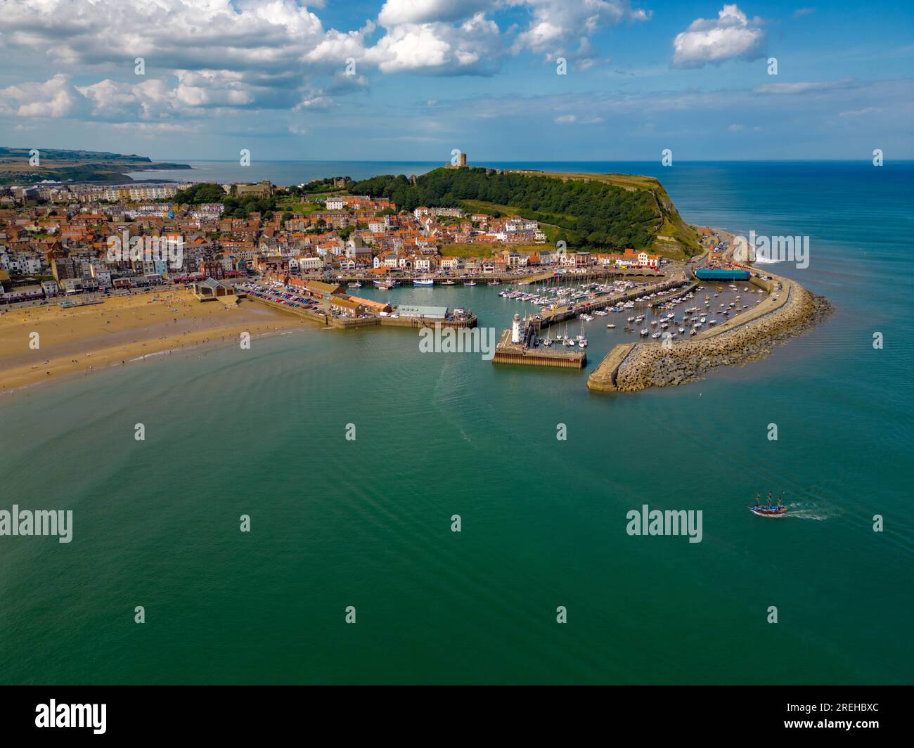 Scarborough 2023 Capture from the Air with a DJI Mini 3 Pro, Including the Big Wheel, Central Tramway , Beach and Castle Stock Photo