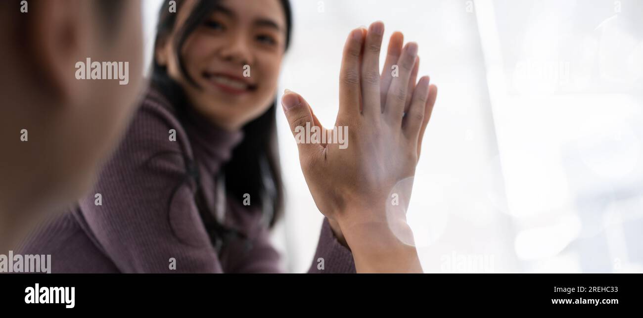 business team people give high five happy excited in teambuilding ...