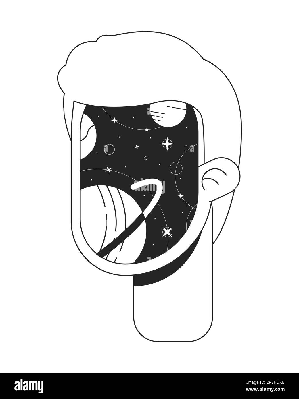 Surrealism man with cosmic face flat monochrome isolated conceptual clipart Stock Vector