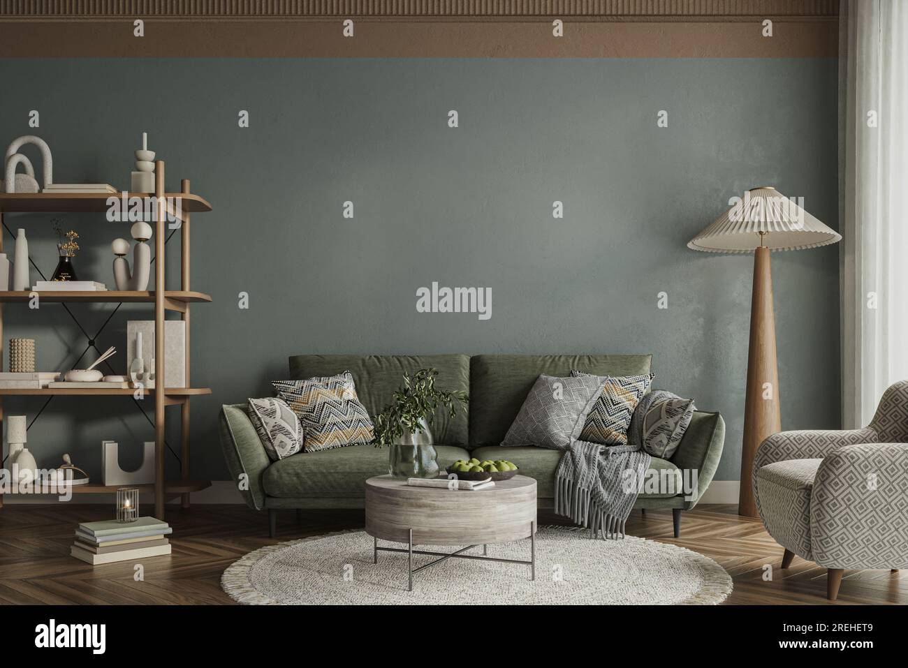 Living room interior adorned with elegant dark green walls and ...