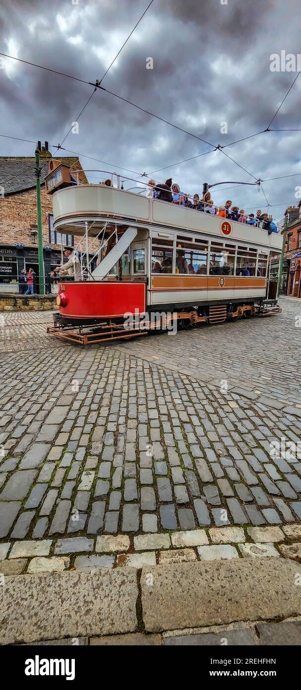 An Early 1910's Genuine House and Street, with Tram,Durham, England Stock Photo
