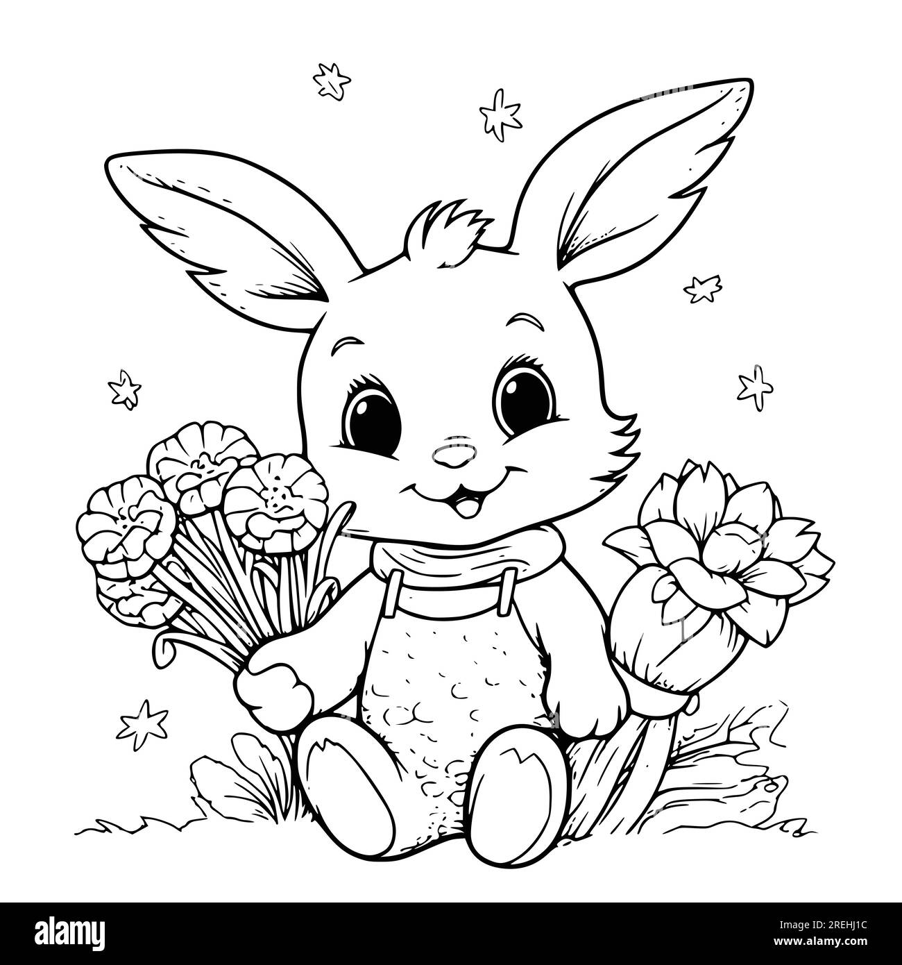 Rabbit with a bouquet coloring page drawing for kids Stock Vector
