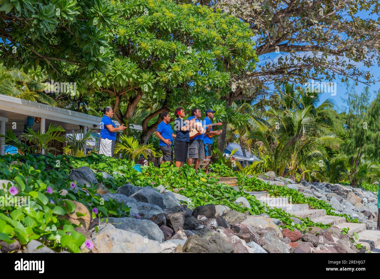 Nacula, Fiji: 26 May 2023: Traditional meke performance at the blue