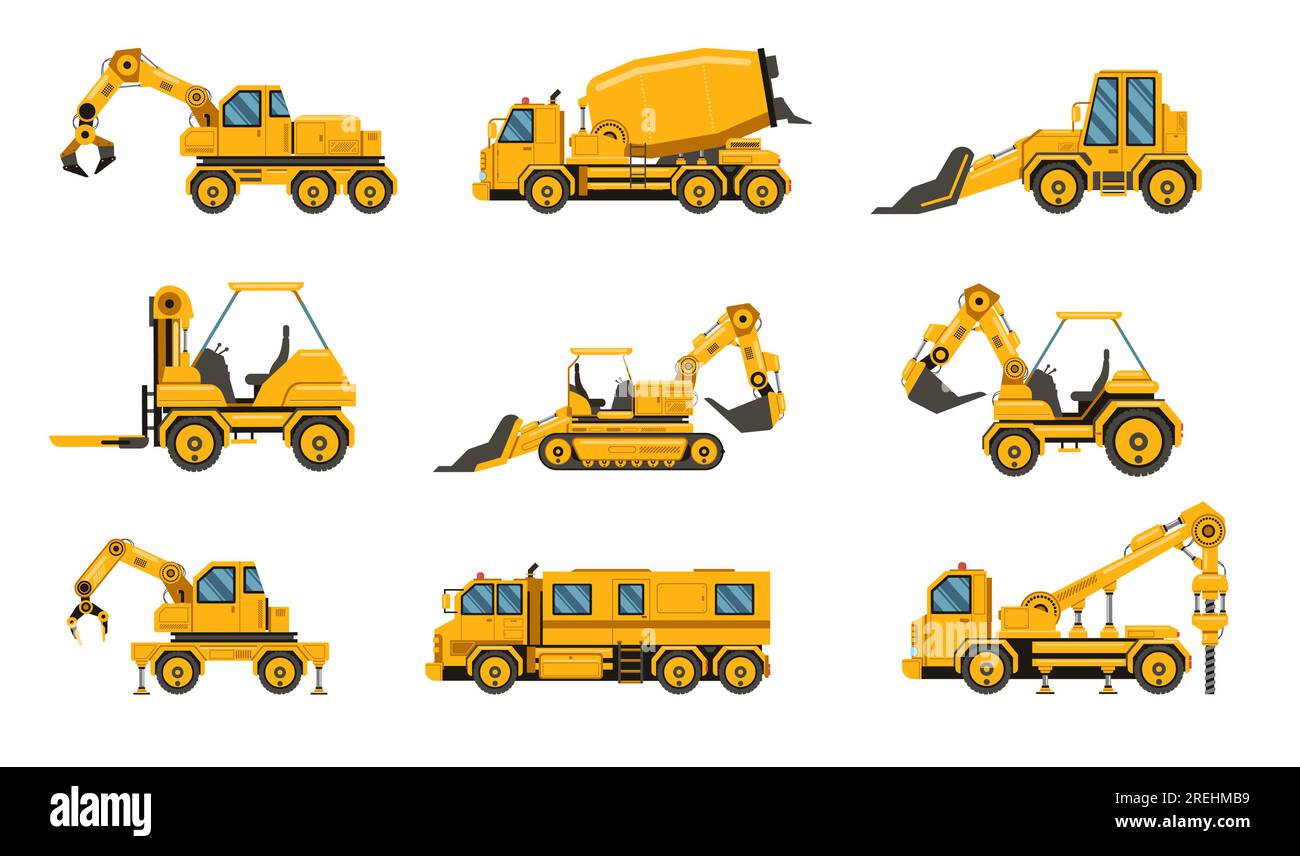 Heavy road equipment trucks, forklifts and tractors, excavation crane