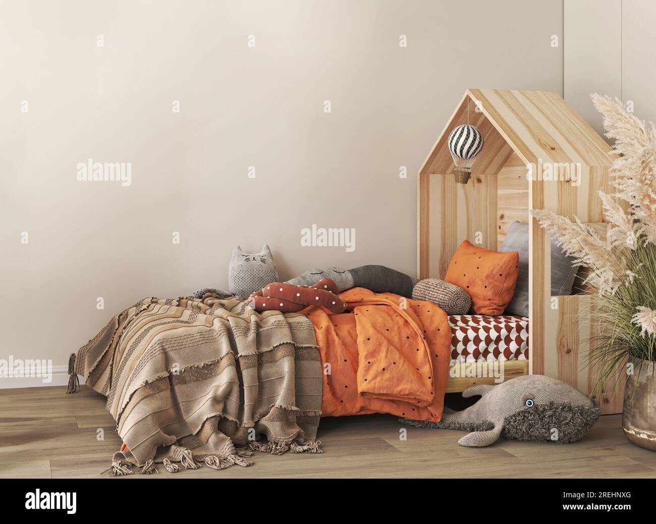 Panoramic boho interior for baby's room Scandinavian style. Wooden bed, large toys on empty beige background. Trendy minimal design. 3d rendering Stock Photo