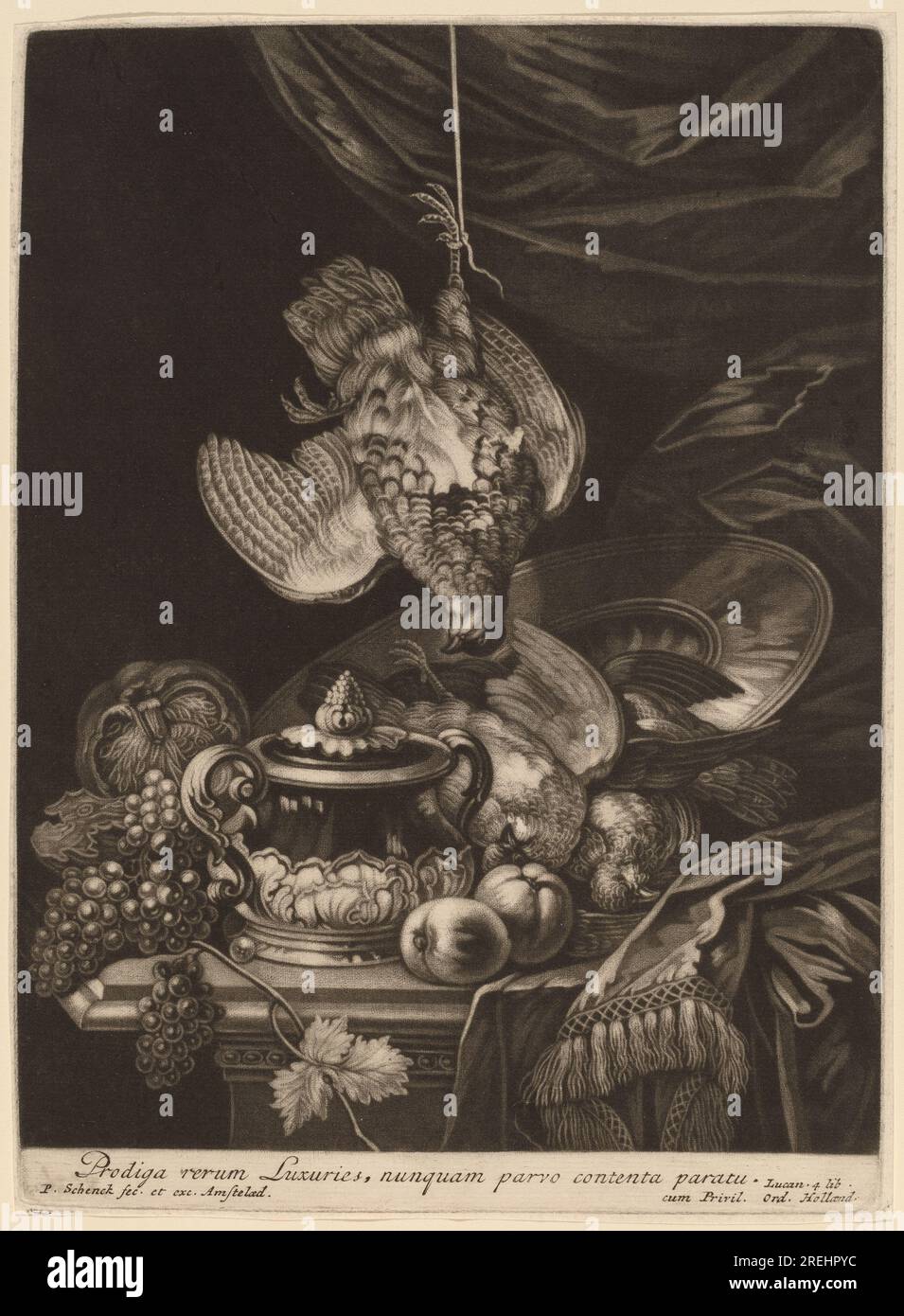 'Pieter Schenck I, Still Life with a Hanging Partridge, mezzotint on laid paper, plate: 24.6 x 18 cm (9 11/16 x 7 1/16 in.) sheet: 24.9 x 18.4 cm (9 13/16 x 7 1/4 in.), Katharine Shepard Fund, 2000.78.2' Stock Photo
