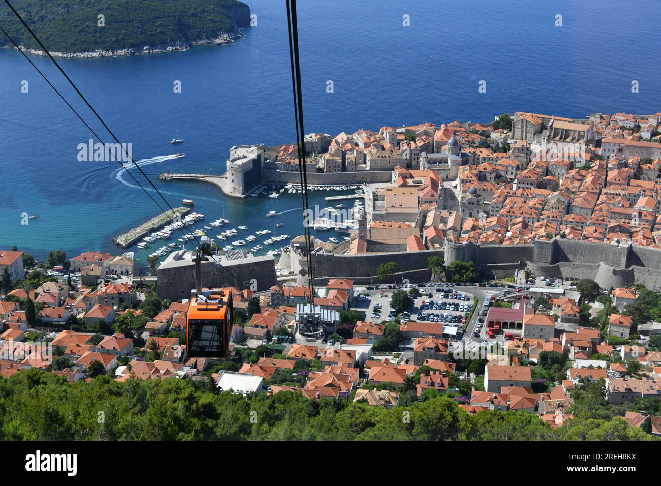 Cable Car decending from Mount Srd to the historic Old Town in Dubrovnik Croatia Stock Photo