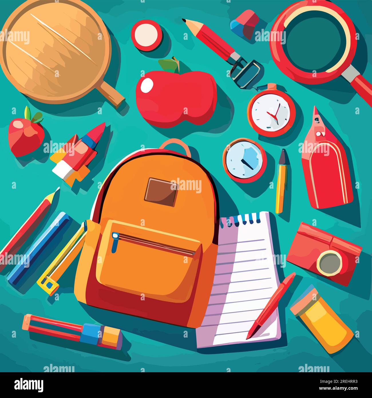 Red backpack on table, with school supplies sticking out of it. School