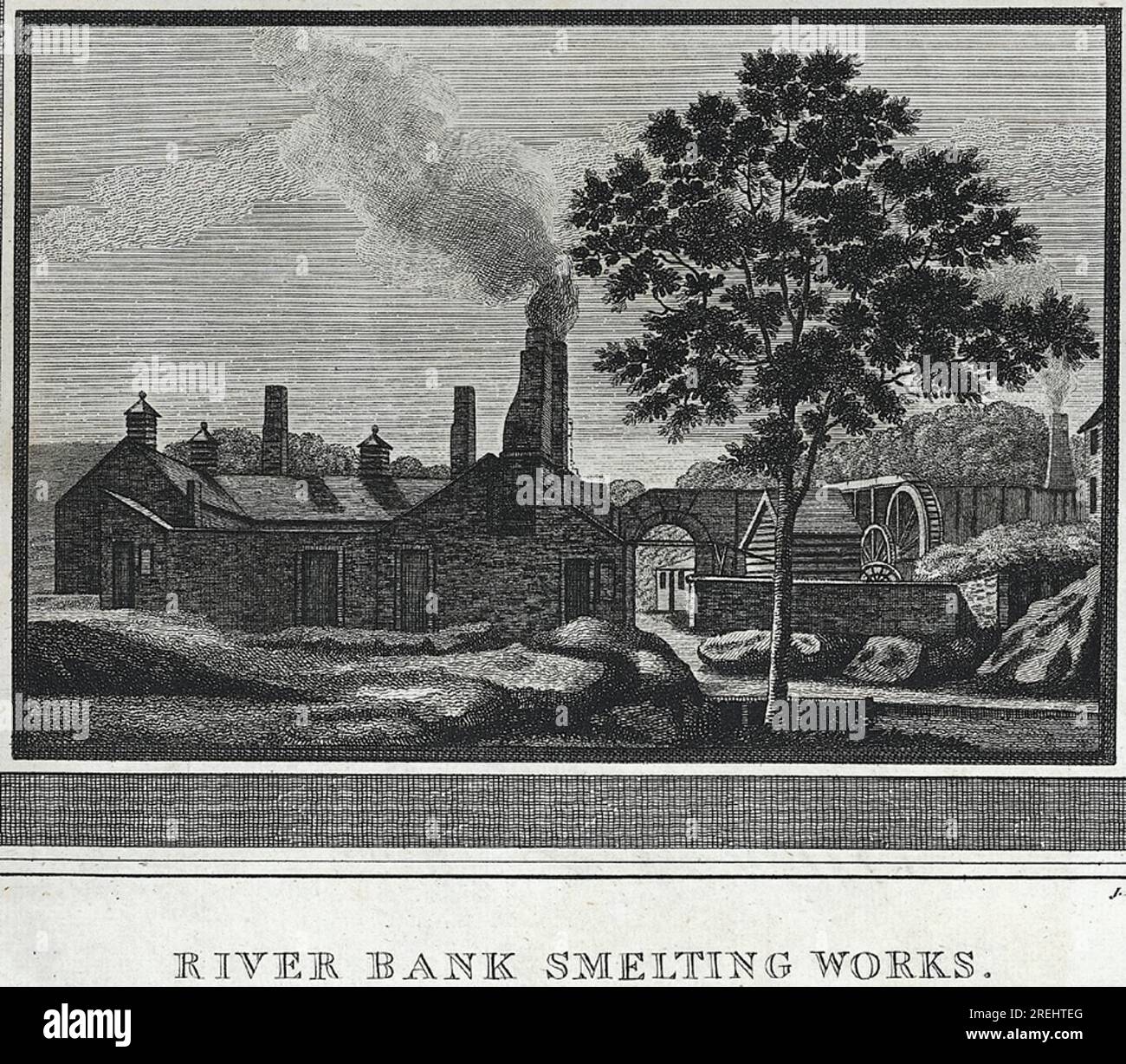 History of Holywell Parish, River bank smelting works 1796 by John Barlow Stock Photo