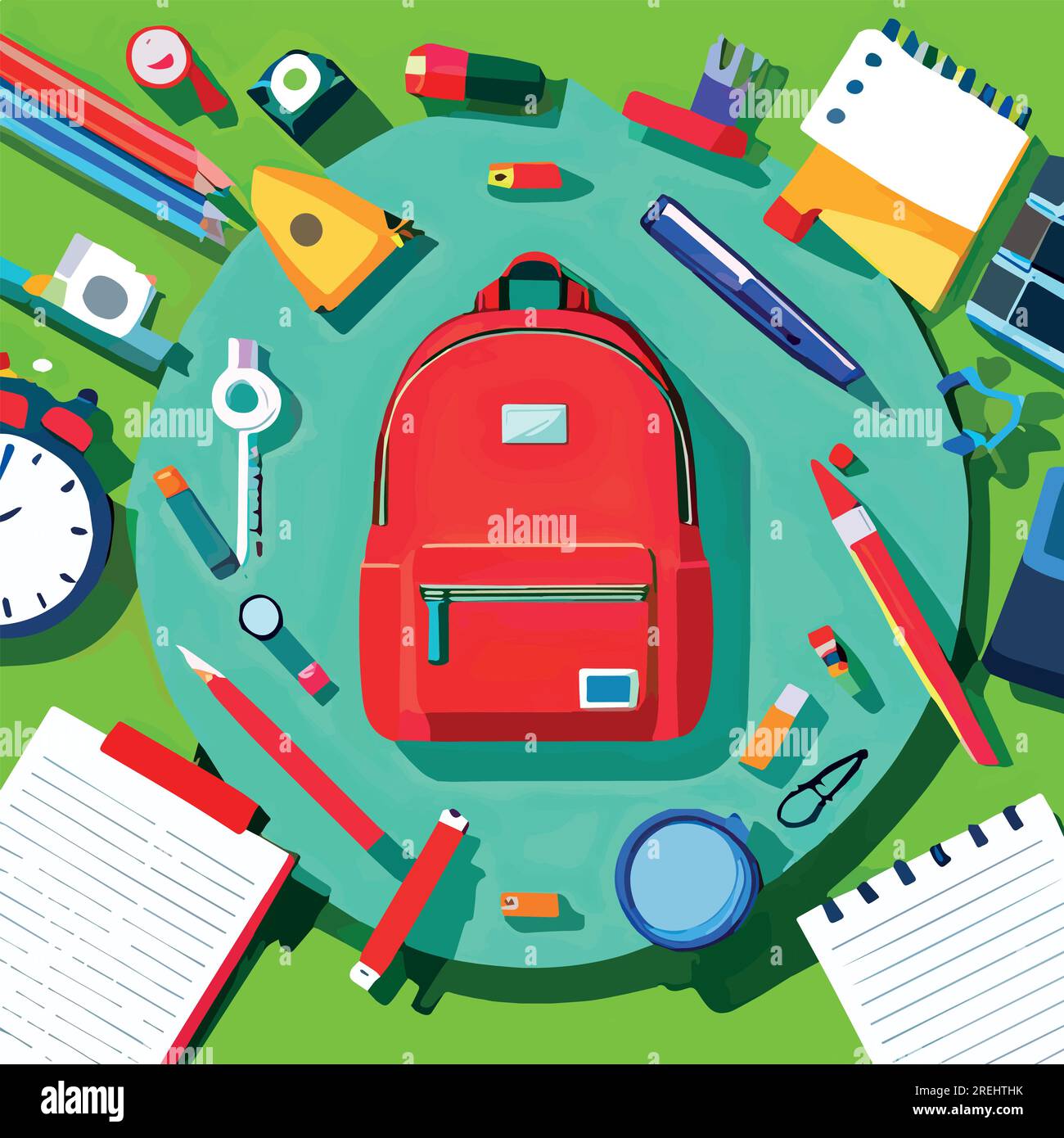 Red backpack on table, with school supplies sticking out of it. School