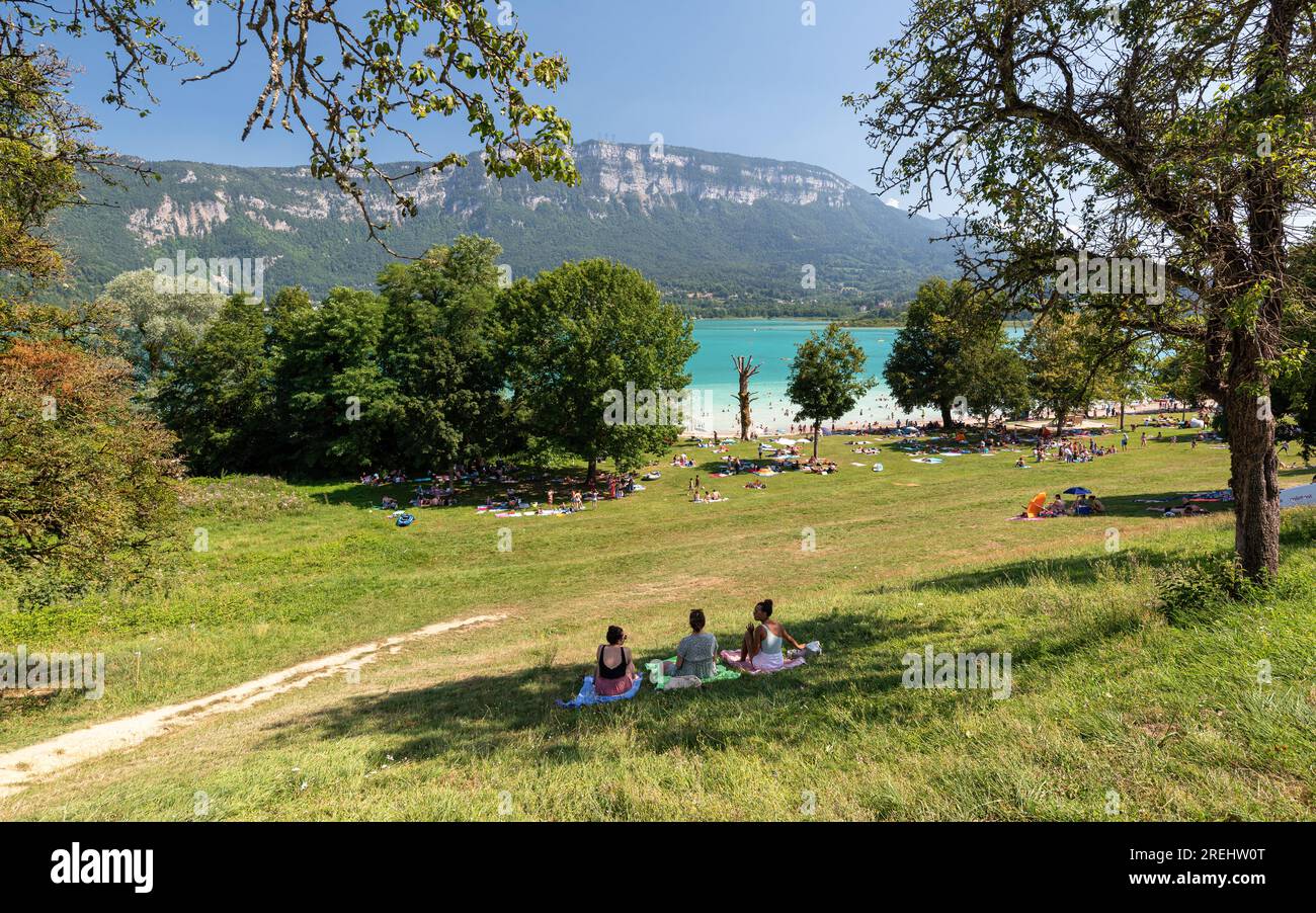 Sougey Beach on the edge of Lac d'Aiguebelette, a natural lake know for its blue-green colour, located in the commune of Aiguebelette-le-Lac, within t Stock Photo