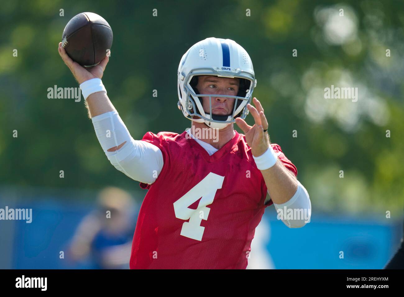 Indianapolis Colts quarterback Sam Ehlinger throws during practice at NFL  team's football training camp in Westfield, Ind., Wednesday, July 26, 2023.  (AP Photo/Michael Conroy Stock Photo - Alamy
