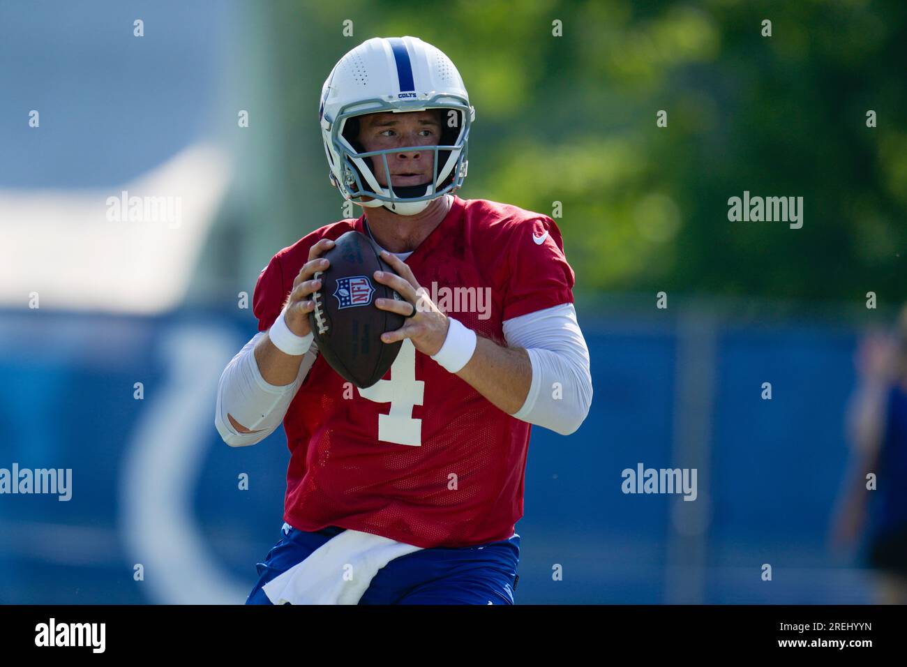 Indianapolis Colts quarterback Sam Ehlinger throws during practice at NFL  team's football training camp in Westfield, Ind., Wednesday, July 26, 2023.  (AP Photo/Michael Conroy Stock Photo - Alamy