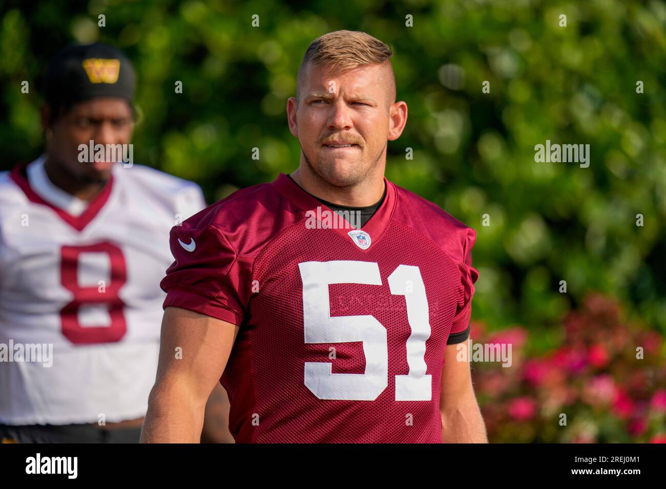 Washington Commanders linebacker David Mayo (51) runs after the ball during  an NFL pre-season football game against the Cleveland Browns, Friday, Aug.  11, 2023, in Cleveland. (AP Photo/Kirk Irwin Stock Photo - Alamy