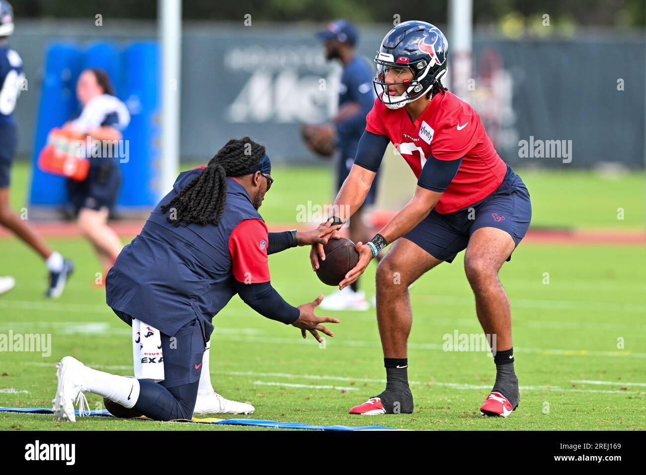 Houston Texans quarterback C.J. Stroud participates in a drill during