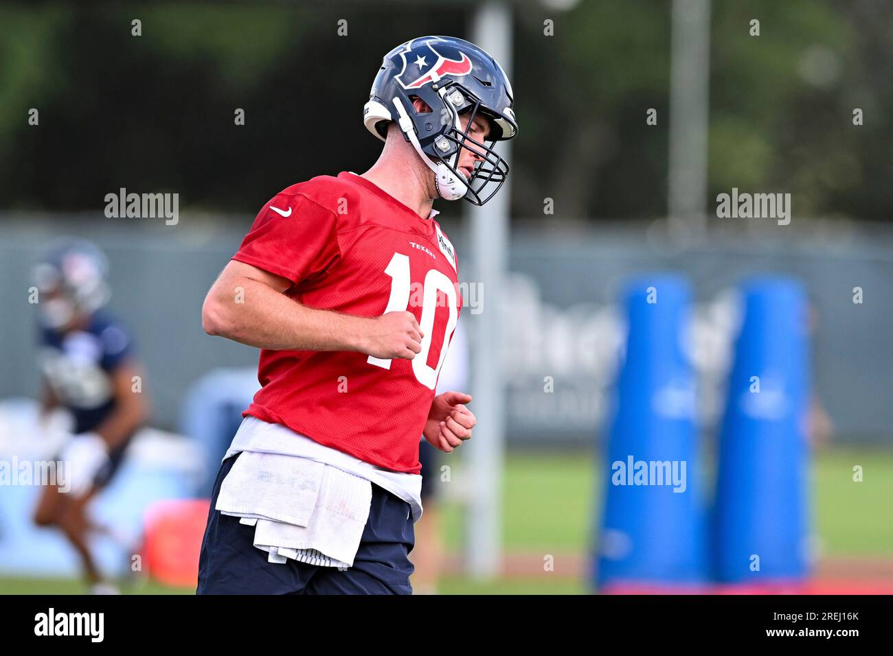 HOUSTON, TX - AUGUST 03: Houston Texans quarterback Davis Mills (10)  prepares to handoff during the Houston Texans Training Camp session at  Houston Methodist Training Center adjacent to NRG Stadium on August