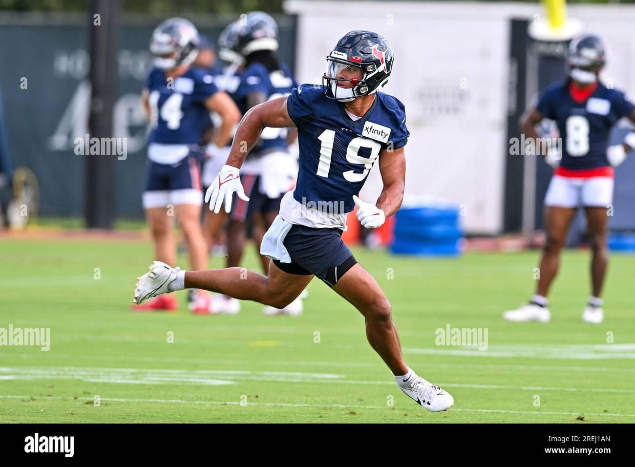 Houston Texans wide receiver Xavier Hutchinson (19) participates in a
