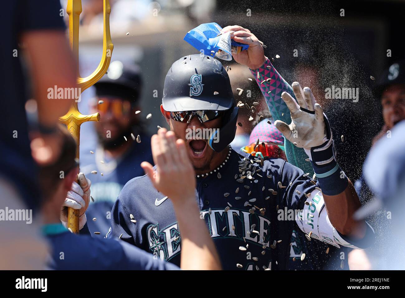 Seattle Mariners' Julio Rodriguez celebrates with teammates in the