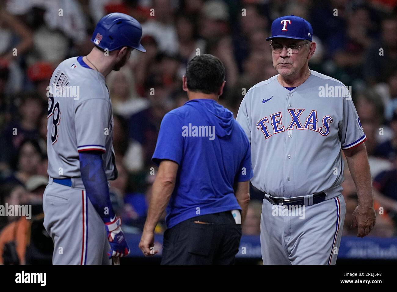 Houston, United States. 14th Apr, 2023. Texas Rangers manager Bruce Bochy  (15) during the MLB game between the Texas Ranges and the Houston Astros on  Friday, April 14, 2023 at Minute Maid Park in Houston, Texas. The Rangers  defeated the Astros