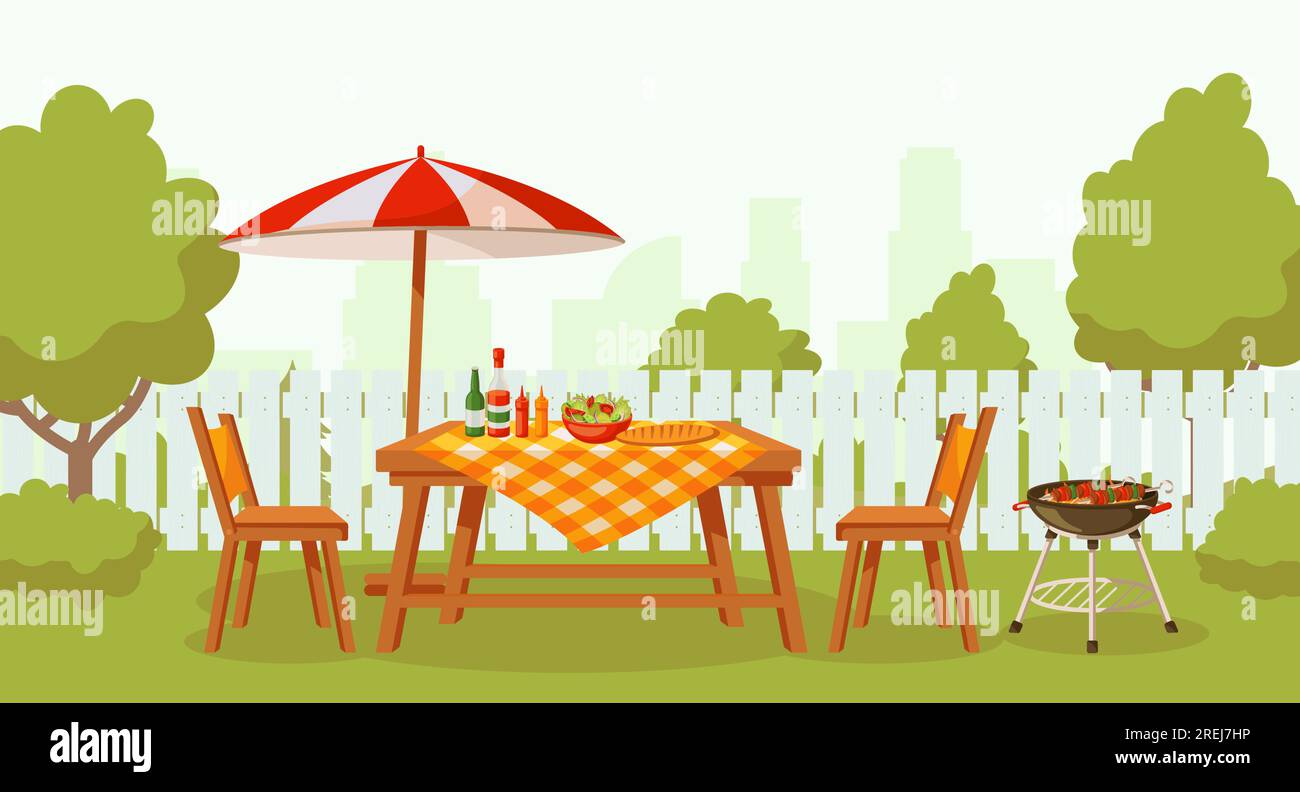 Summer outdoor backyard barbecue party with furniture, umbrella, food