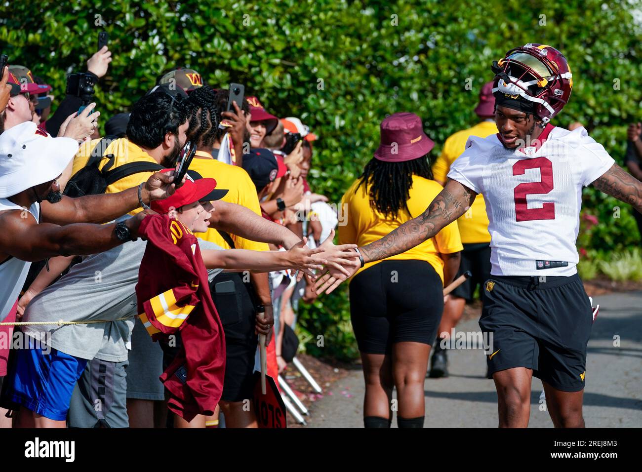 Washington Commanders wide receiver Dyami Brown runs with the ball during a  NFL football practice at the team's training facility, Thursday, July 27,  2023, in Ashburn, Va. (AP Photo/Alex Brandon Stock Photo 