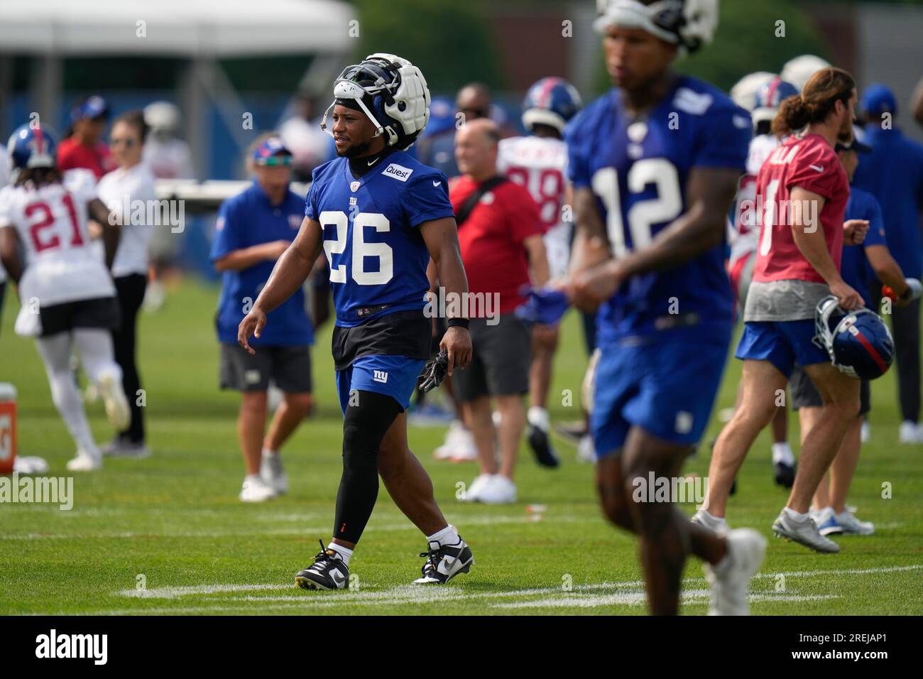 FILE - New York Giants running back Saquon Barkley (26) participates in  training camp at the NFL football team's practice facility, Friday, July  29, 2022, in East Rutherford, N.J. With the New