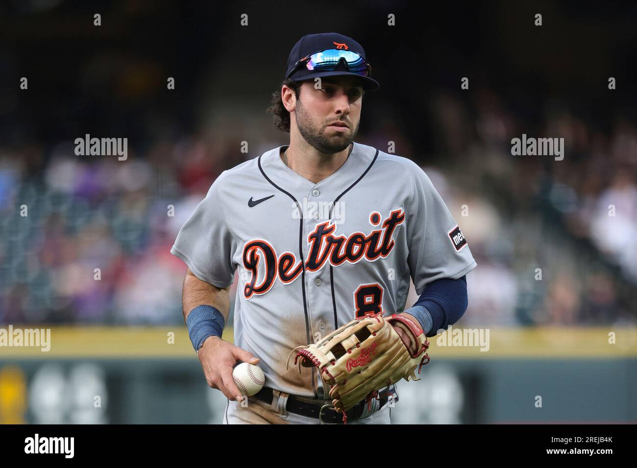 Detroit Tigers right fielder Matt Vierling (8) heads for the dugout in the  game against the Colorado Rockies. The Rockies defeated the Tigers 8-5 in  Denver on Friday, June 30, 2023. (Margaret