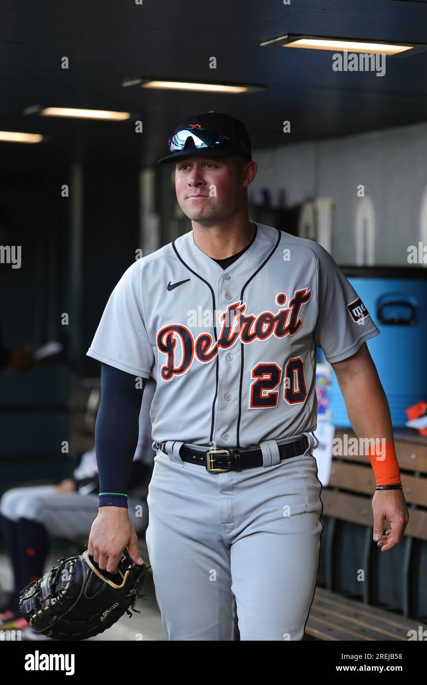 Detroit Tigers first baseman Spencer Torkelson (20) prepares for the game  against the Colorado Rockies. The