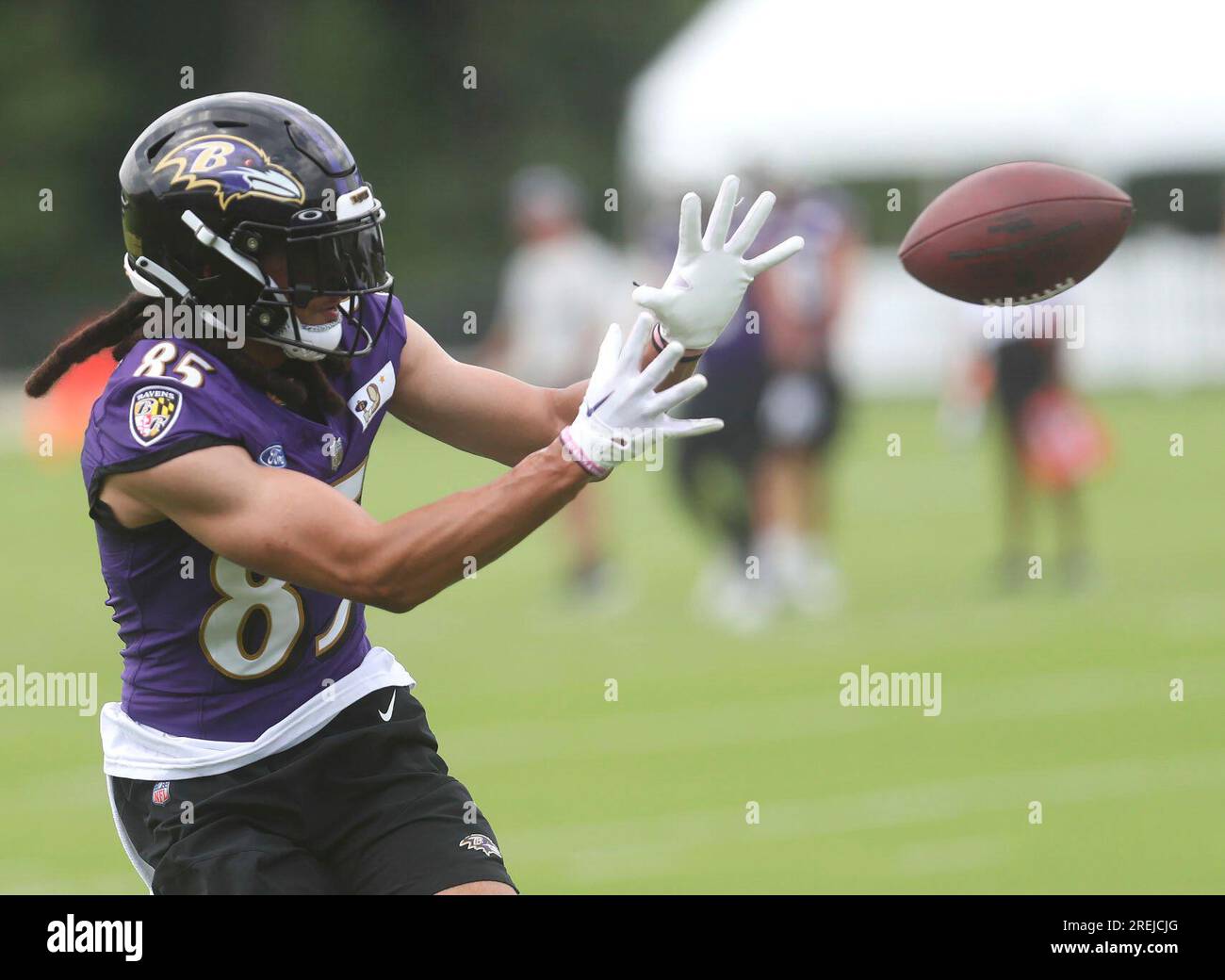 July 27, 2023: Baltimore Ravens WR Shemar Bridges (85) participates in  training camp at Under Armour Performance Center in Owings Mills, MD.  Photo/ Mike Buscher / Cal Sport Media (Credit Image: ©