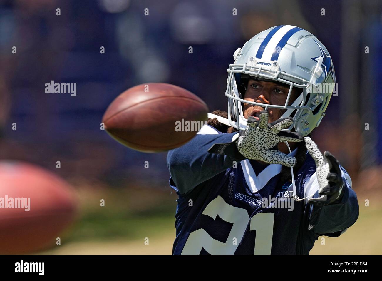 Dallas Cowboys cornerback Stephon Gilmore catches a pass from a machine  during the NFL football team's training camp Thursday, July 27, 2023, in  Oxnard, Calif. (AP Photo/Mark J. Terrill Stock Photo - Alamy