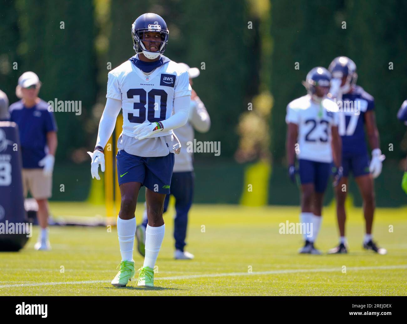 Seattle Seahawks cornerback Michael Jackson catches a football during the  NFL football team's training camp, Wednesday, Aug. 9, 2023, in Renton,  Wash. (AP Photo/Lindsey Wasson Stock Photo - Alamy