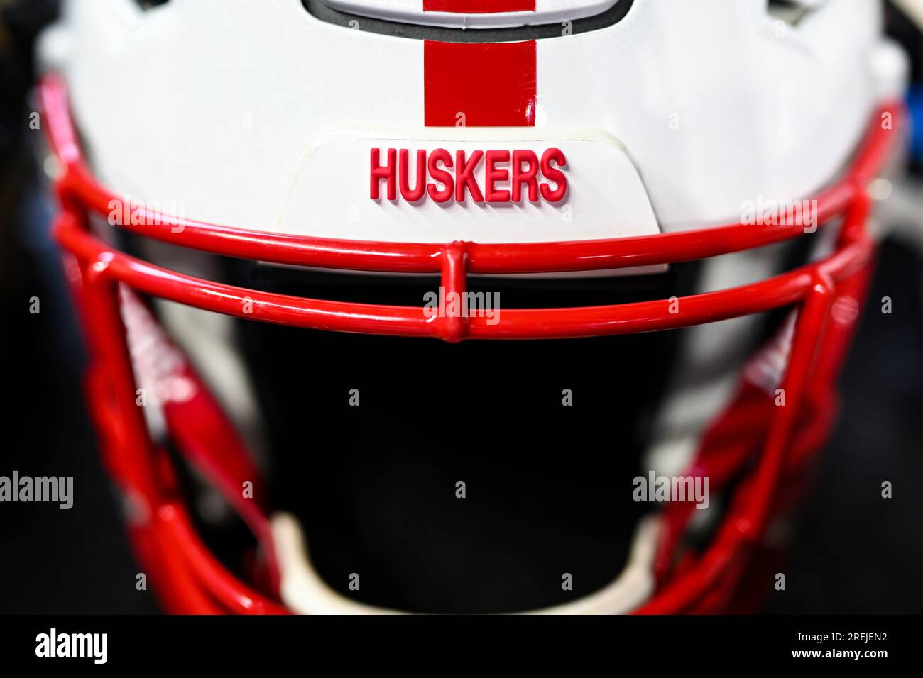 INDIANAPOLIS, IN - JULY 27: A Nebraska Cornhuskers football helmet sits ...