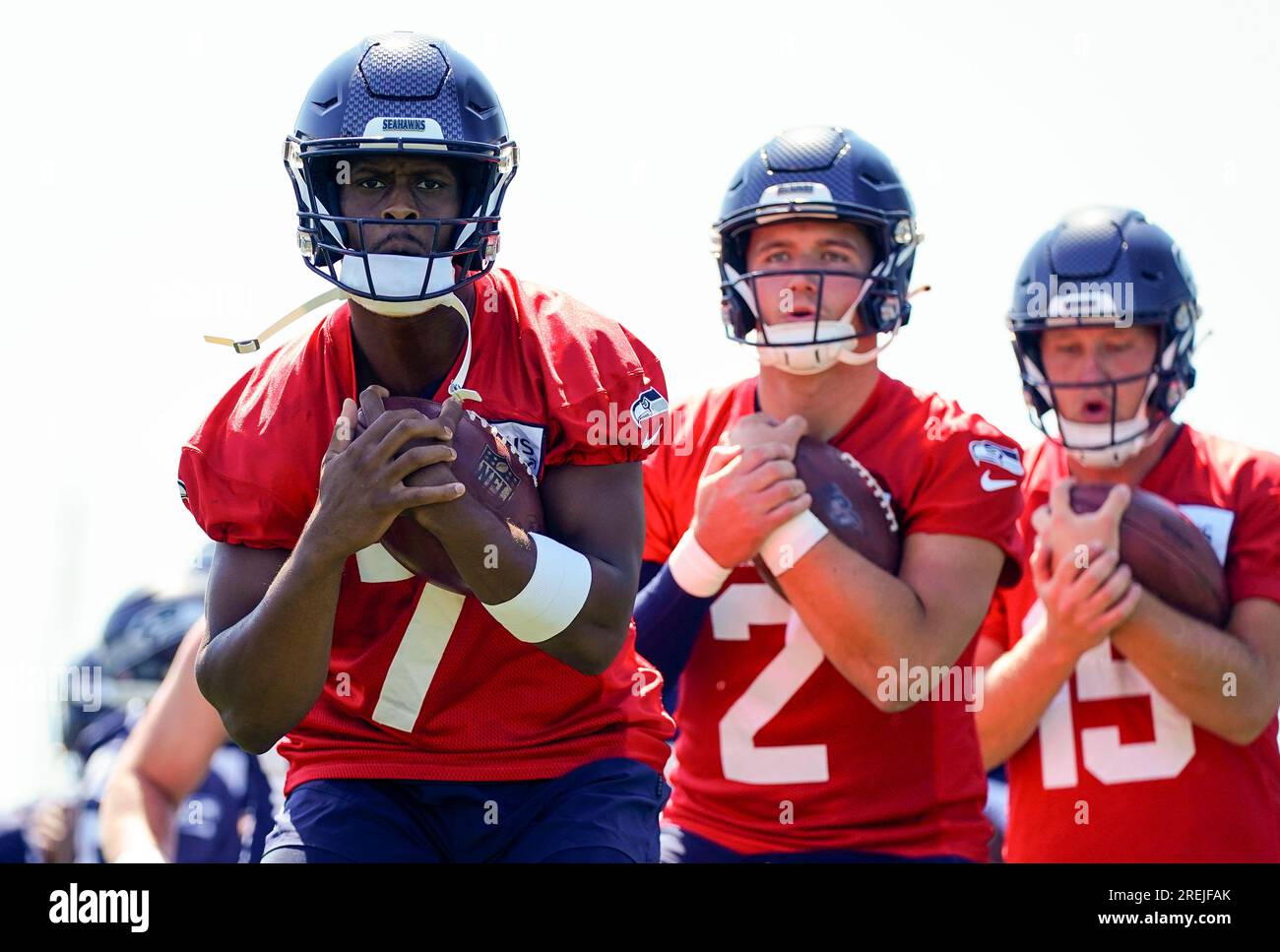 Seattle Seahawks quarterback Geno Smith (7) runs a warmup drill with ...