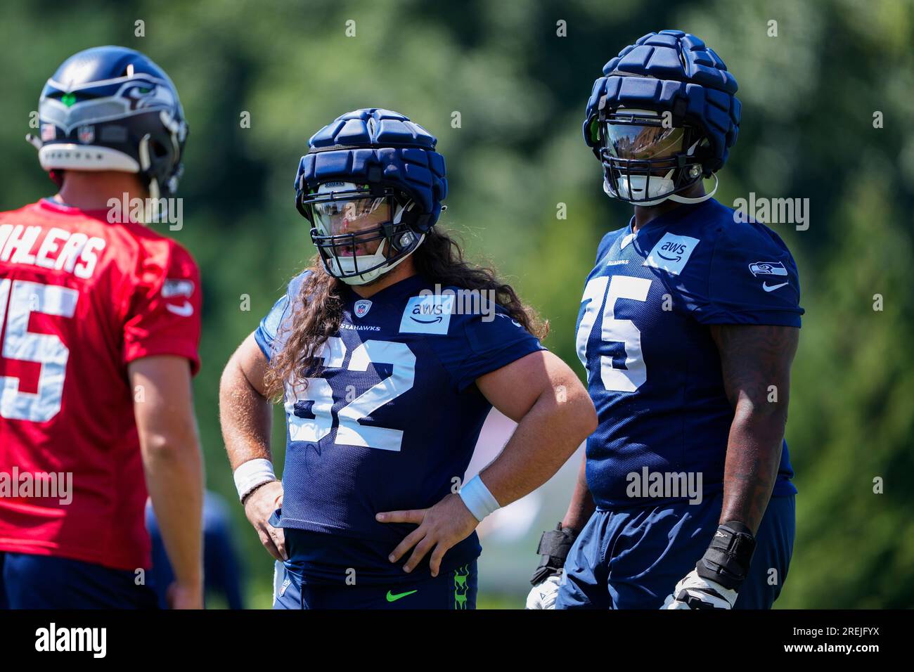 Seattle Seahawks center Joey Hunt (62) talks on the field before the NFL  football team's mock game, Friday, Aug. 4, 2023, in Seattle. (AP  Photo/Lindsey Wasson Stock Photo - Alamy